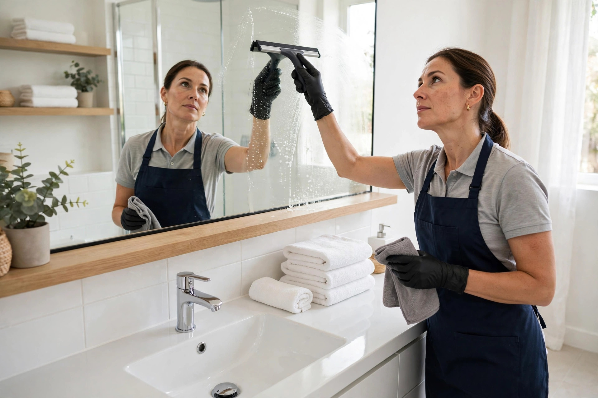 A maid in an apron polishing a bathroom mirror over a spotless sink