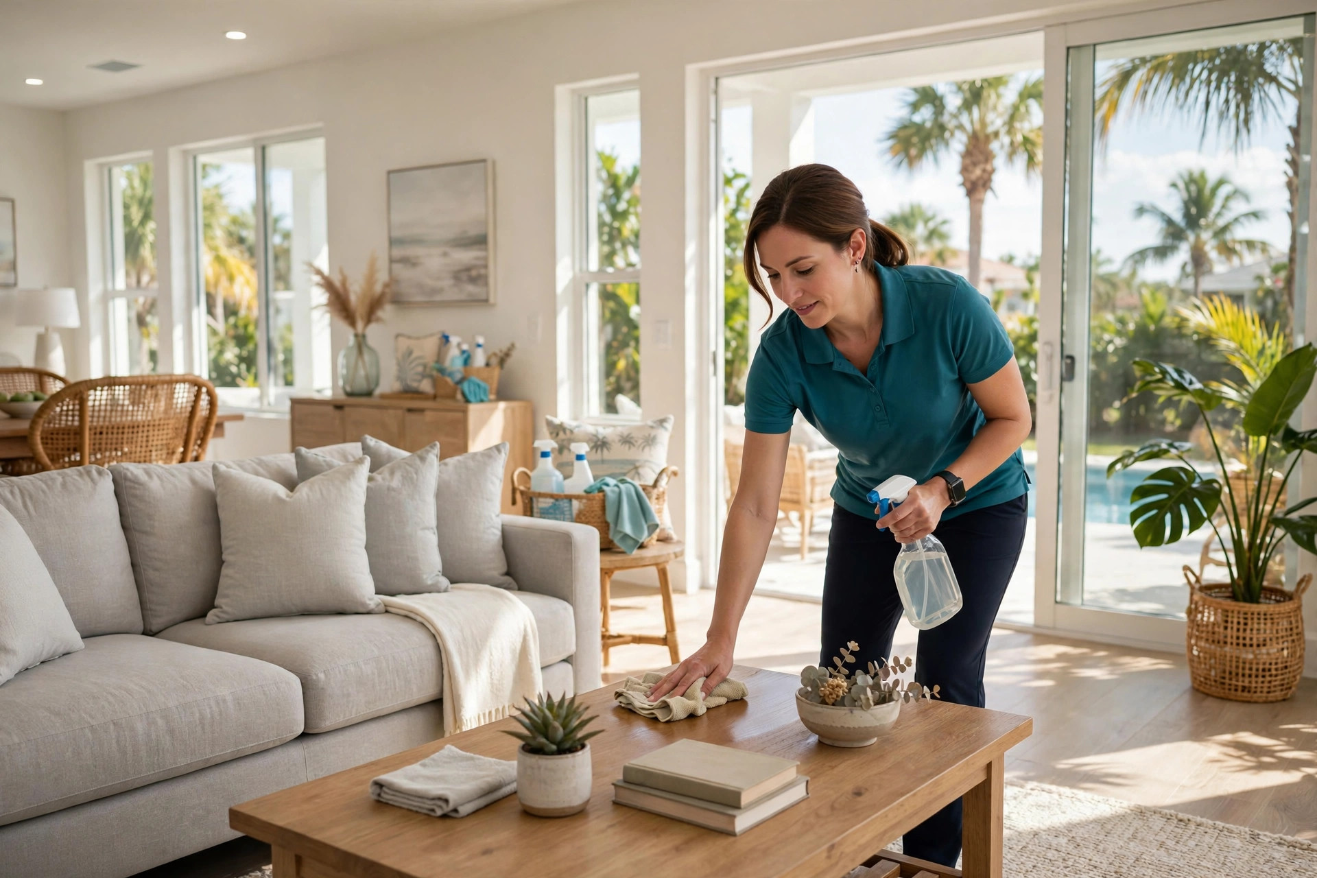 A maid in a teal uniform wiping down a bright living room in an Ocoee, FL home